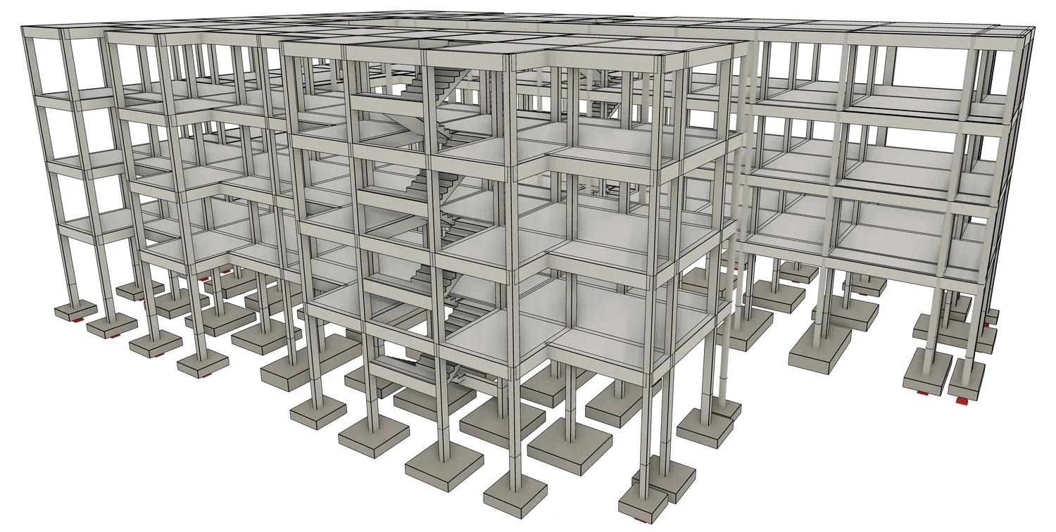 A four-storey reinforced concrete building modelled in LTS: grids, columns, beams, slabs, a stair core and pad footings.